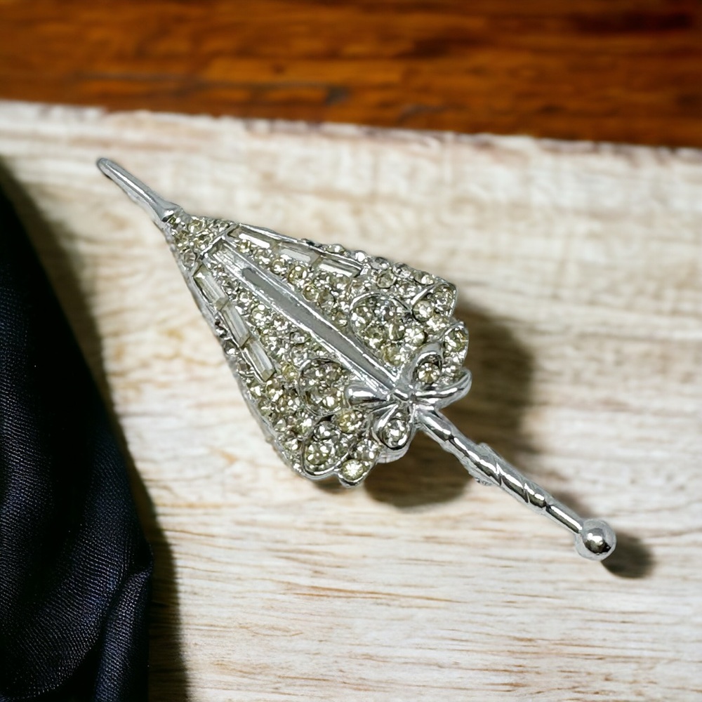 Silver Tone CZ Clear Rhinestone Umbrella Brooch Pin